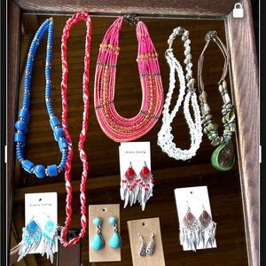 10 Pair Boho Multi-Necklace & Earring Set - Pink, Red, Blue, White, Green Lot 10